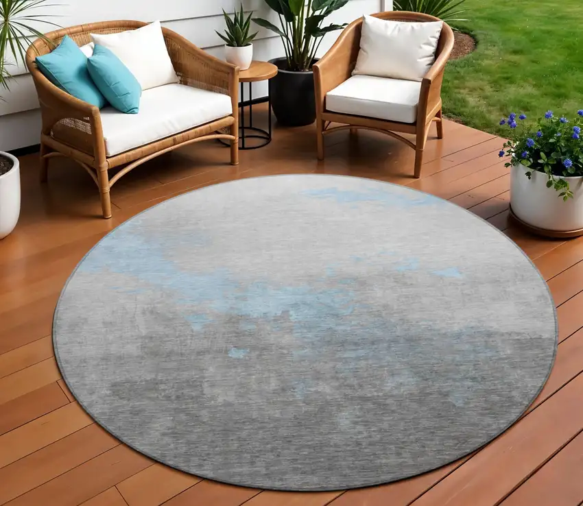 8' Blue And Charcoal Round Abstract Washable Indoor Outdoor Area Rug Photo 2