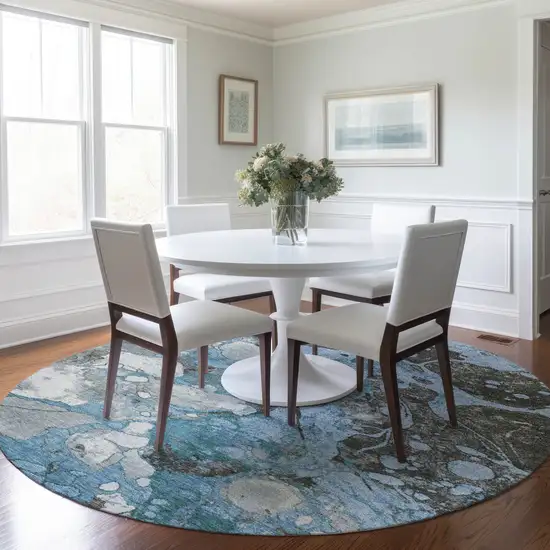 8' Blue And Charcoal Round Abstract Washable Indoor Outdoor Area Rug Photo 6