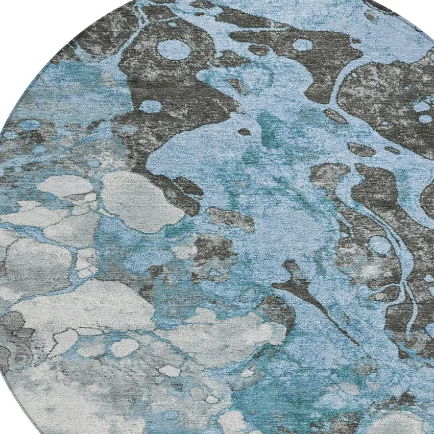 8' Blue And Charcoal Round Abstract Washable Indoor Outdoor Area Rug Photo 8