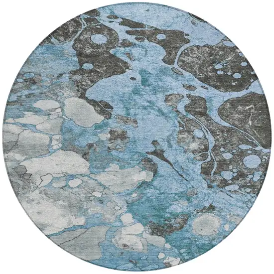 8' Blue And Charcoal Round Abstract Washable Indoor Outdoor Area Rug Photo 3