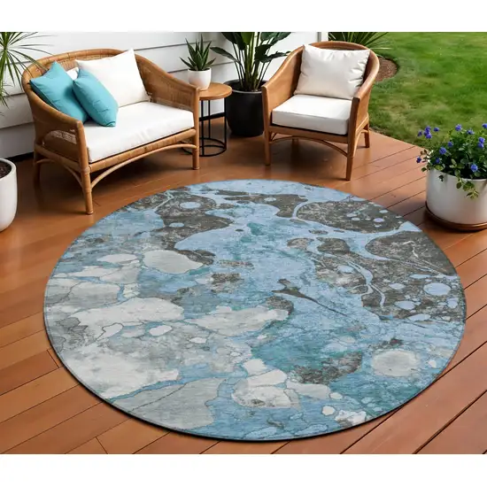 8' Blue And Charcoal Round Abstract Washable Indoor Outdoor Area Rug Photo 2