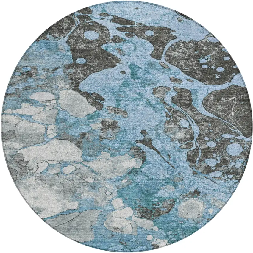8' Blue And Charcoal Round Abstract Washable Indoor Outdoor Area Rug Photo 1
