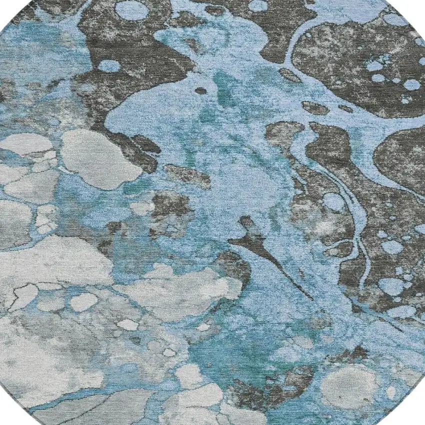 8' Blue And Charcoal Round Abstract Washable Indoor Outdoor Area Rug Photo 4