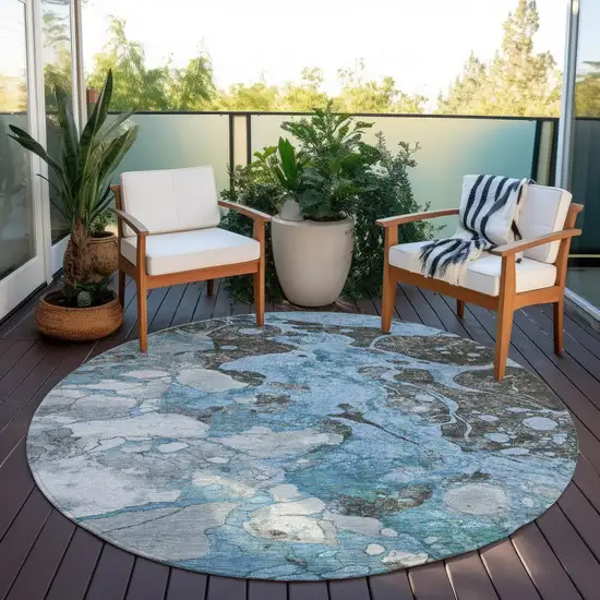 8' Blue And Charcoal Round Abstract Washable Indoor Outdoor Area Rug Photo 5