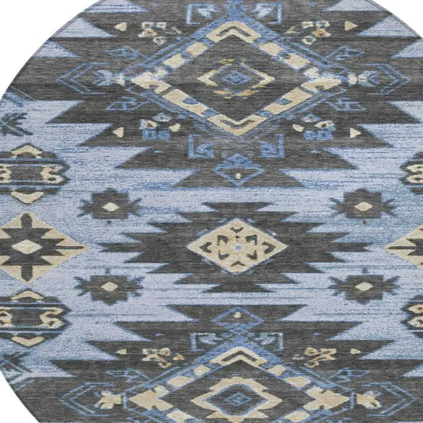 8' Blue And Charcoal Round Tribal Washable Indoor Outdoor Area Rug Photo 8