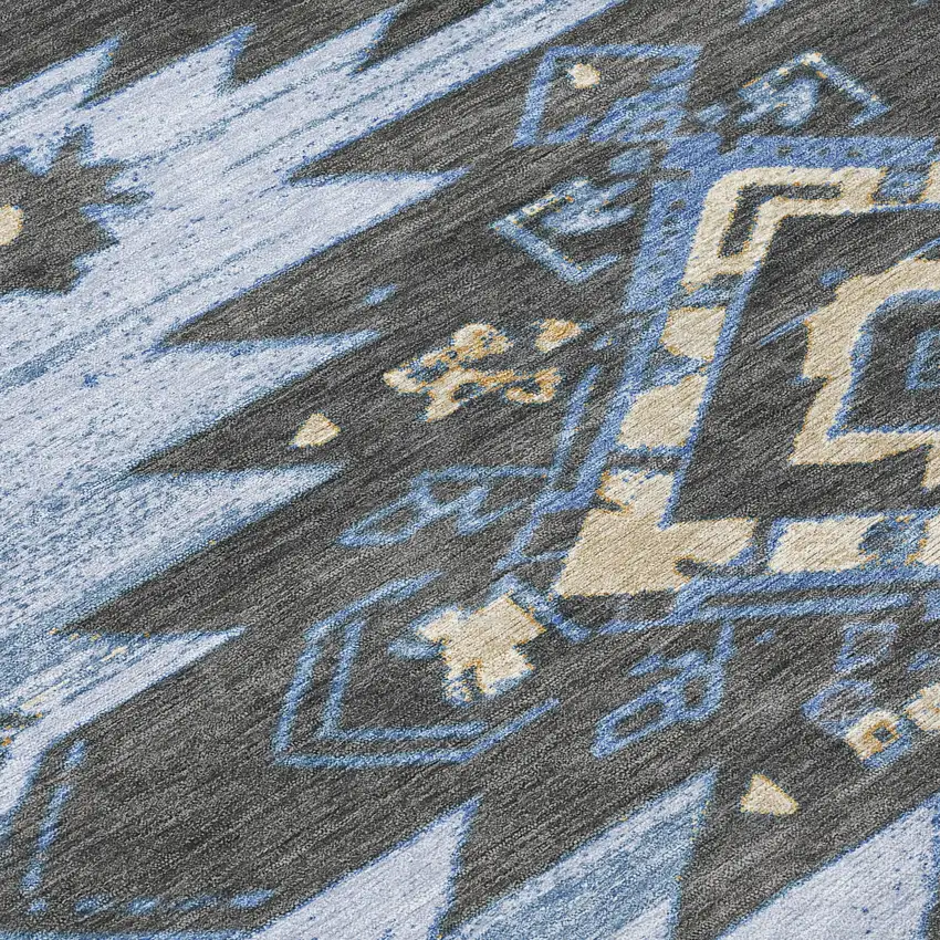 8' Blue And Charcoal Round Tribal Washable Indoor Outdoor Area Rug Photo 9