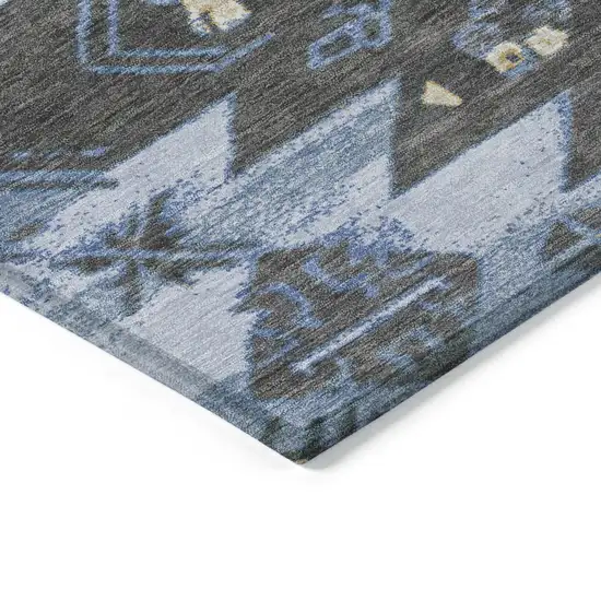 8' Blue And Charcoal Round Tribal Washable Indoor Outdoor Area Rug Photo 7