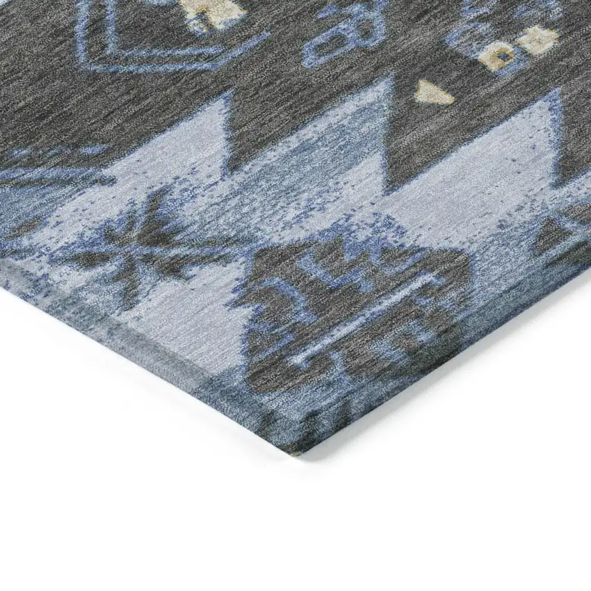 8' Blue And Charcoal Round Tribal Washable Indoor Outdoor Area Rug Photo 7