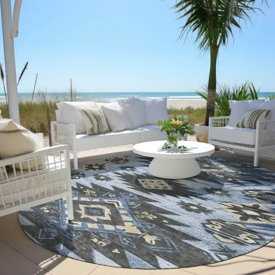 8' Blue And Charcoal Round Tribal Washable Indoor Outdoor Area Rug Photo 5