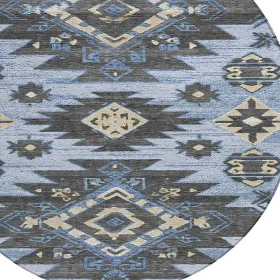 8' Blue And Charcoal Round Tribal Washable Indoor Outdoor Area Rug Photo 4