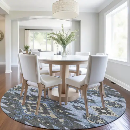 8' Blue And Charcoal Round Tribal Washable Indoor Outdoor Area Rug Photo 6