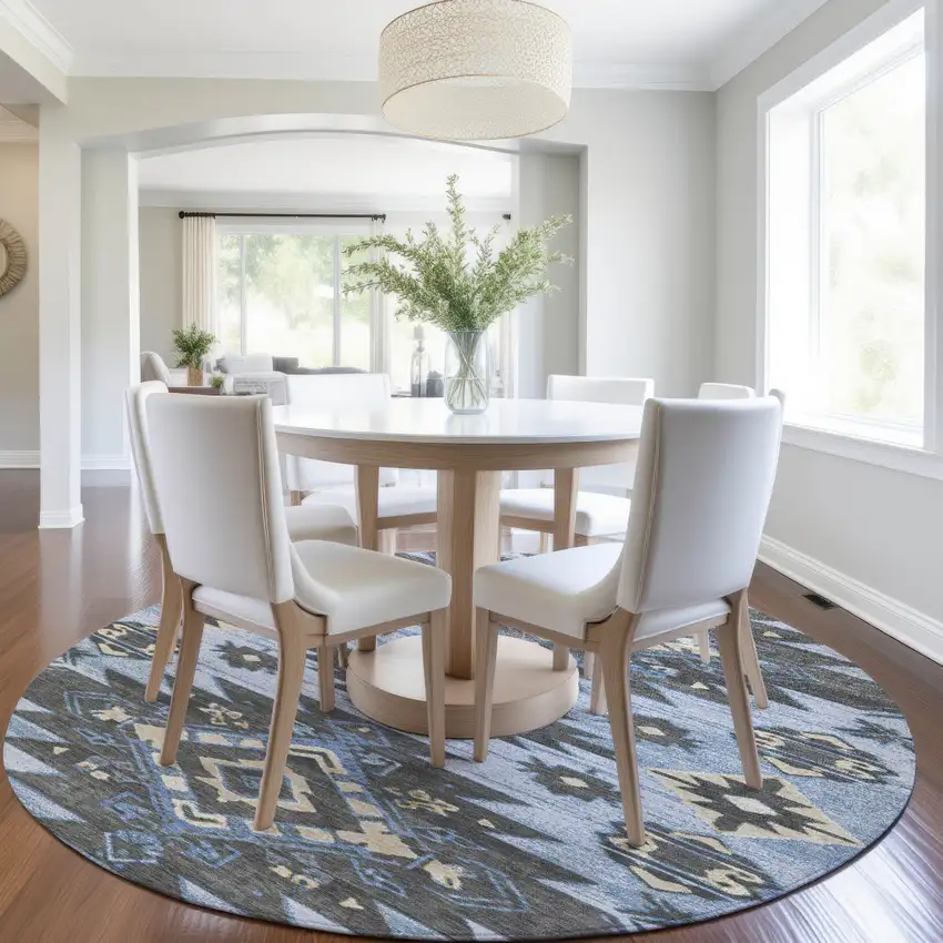 8' Blue And Charcoal Round Tribal Washable Indoor Outdoor Area Rug Photo 6