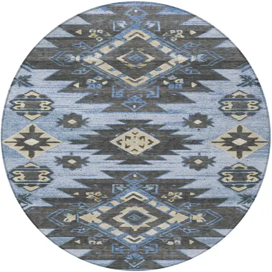 8' Blue And Charcoal Round Tribal Washable Indoor Outdoor Area Rug Photo 3