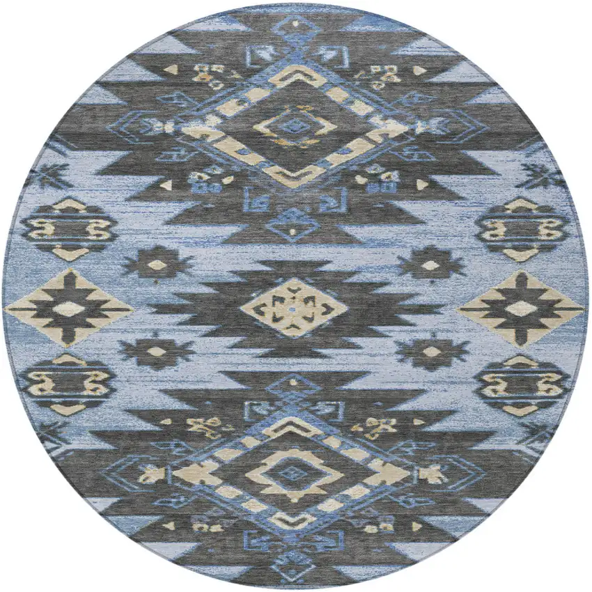8' Blue And Charcoal Round Tribal Washable Indoor Outdoor Area Rug Photo 3