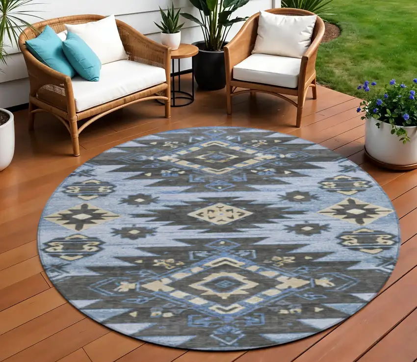 8' Blue And Charcoal Round Tribal Washable Indoor Outdoor Area Rug Photo 2