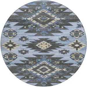 Photo of 8' Blue And Charcoal Round Tribal Washable Indoor Outdoor Area Rug