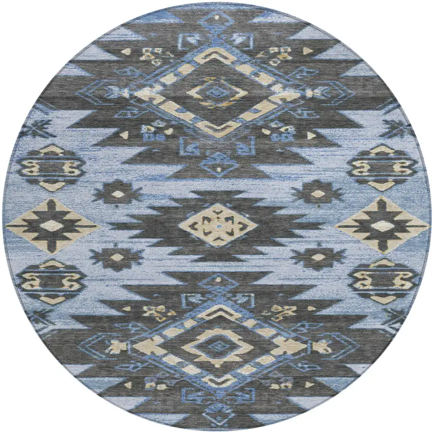 8' Blue And Charcoal Round Tribal Washable Indoor Outdoor Area Rug Photo 1