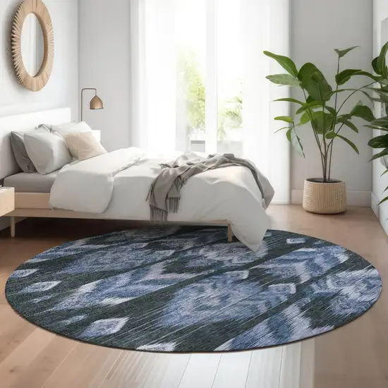 8' Blue And Charcoal Southwestern Washable Round Rug With UV Protection Photo 5