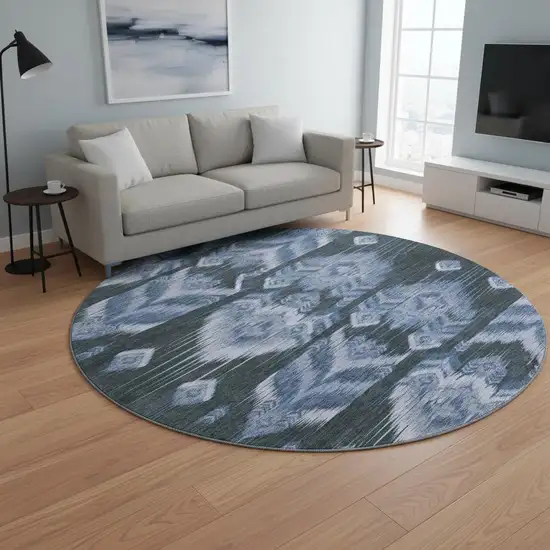 8' Blue And Charcoal Southwestern Washable Round Rug With UV Protection Photo 2
