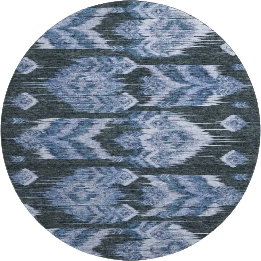 8' Blue And Charcoal Southwestern Washable Round Rug With UV Protection Photo 1