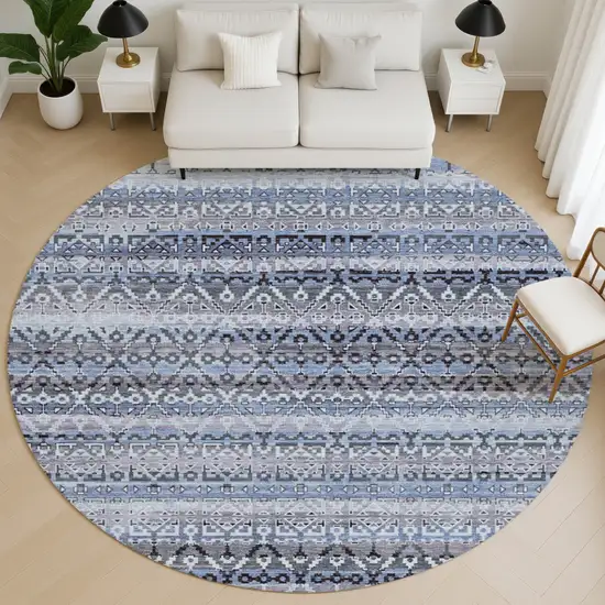 8' Blue And Charcoal Striped Washable Round Rug With UV Protection Photo 5