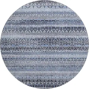 Photo of 8' Blue And Charcoal Striped Washable Round Rug With UV Protection