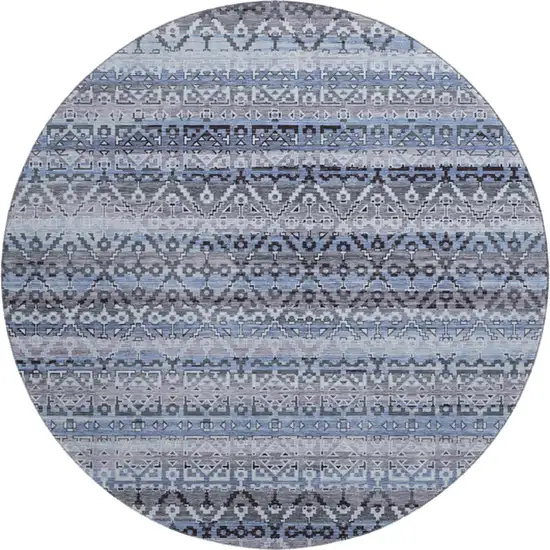 8' Blue And Charcoal Striped Washable Round Rug With UV Protection Photo 1