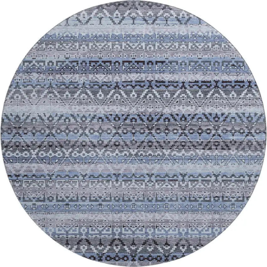 8' Blue And Charcoal Striped Washable Round Rug With UV Protection Photo 1