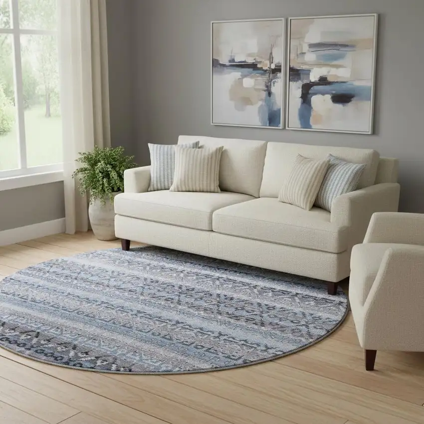 8' Blue And Charcoal Striped Washable Round Rug With UV Protection Photo 2