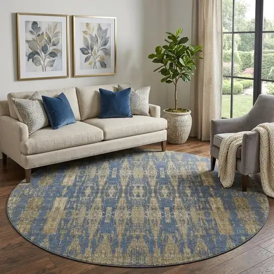 8' Blue And Chocolate Moroccan Washable Round Rug With UV Protection Photo 1