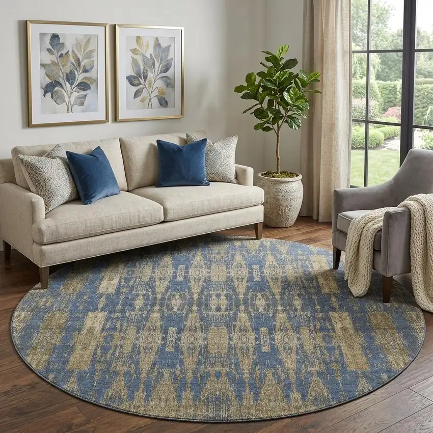 8' Blue And Chocolate Moroccan Washable Round Rug With UV Protection Photo 1