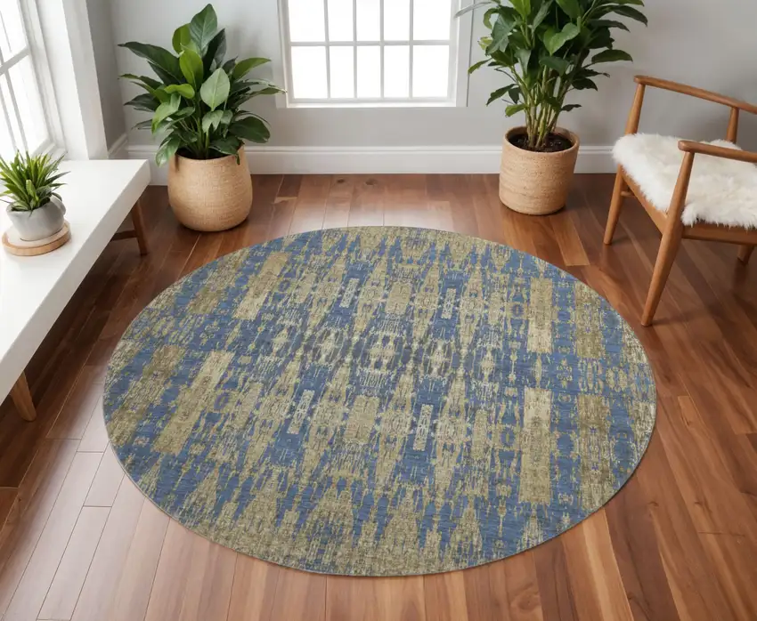8' Blue And Chocolate Moroccan Washable Round Rug With UV Protection Photo 2
