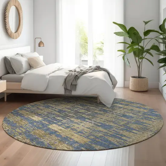 8' Blue And Chocolate Moroccan Washable Round Rug With UV Protection Photo 5