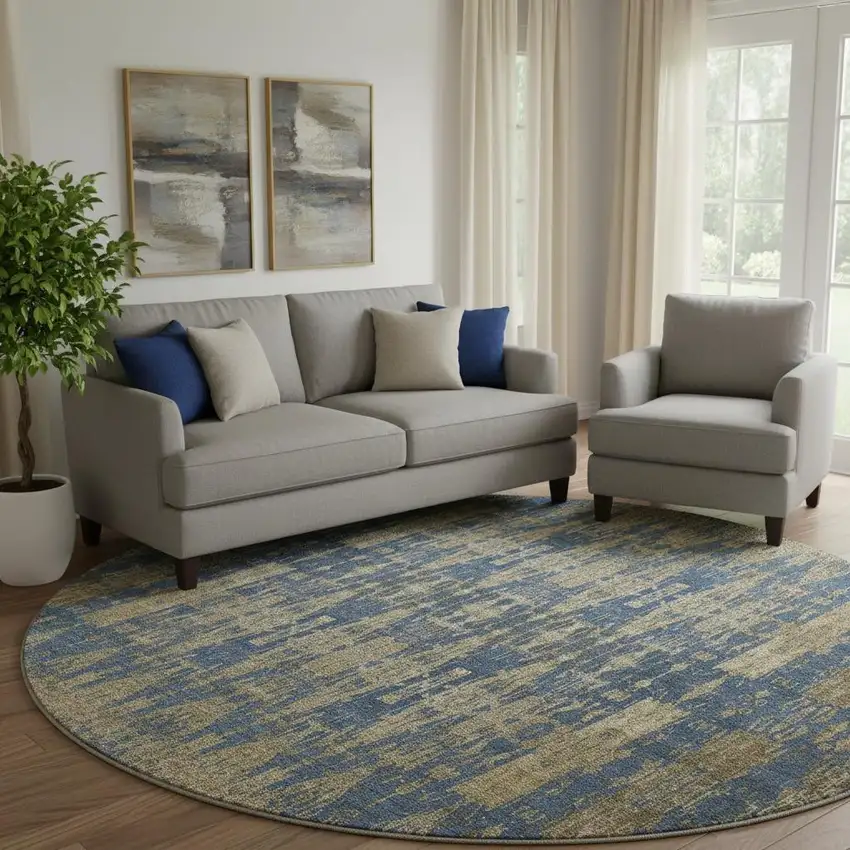 8' Blue And Chocolate Moroccan Washable Round Rug With UV Protection Photo 1