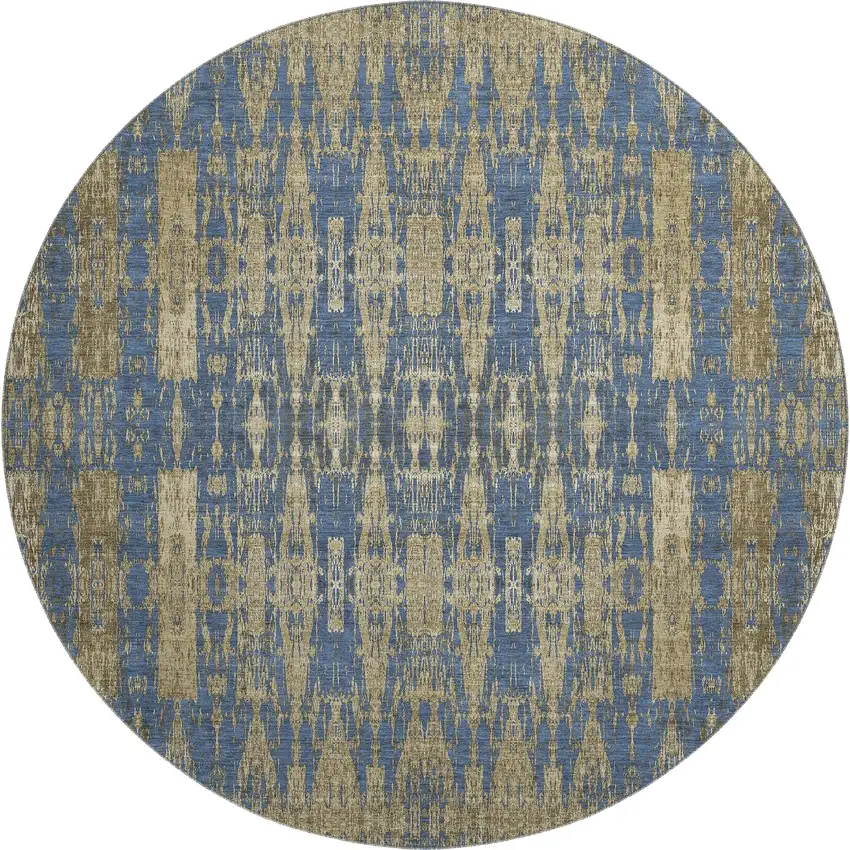 8' Blue And Chocolate Moroccan Washable Round Rug With UV Protection Photo 1