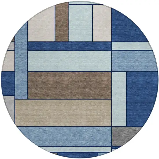 8' Blue And Chocolate Round Geometric Washable Indoor Outdoor Area Rug Photo 2