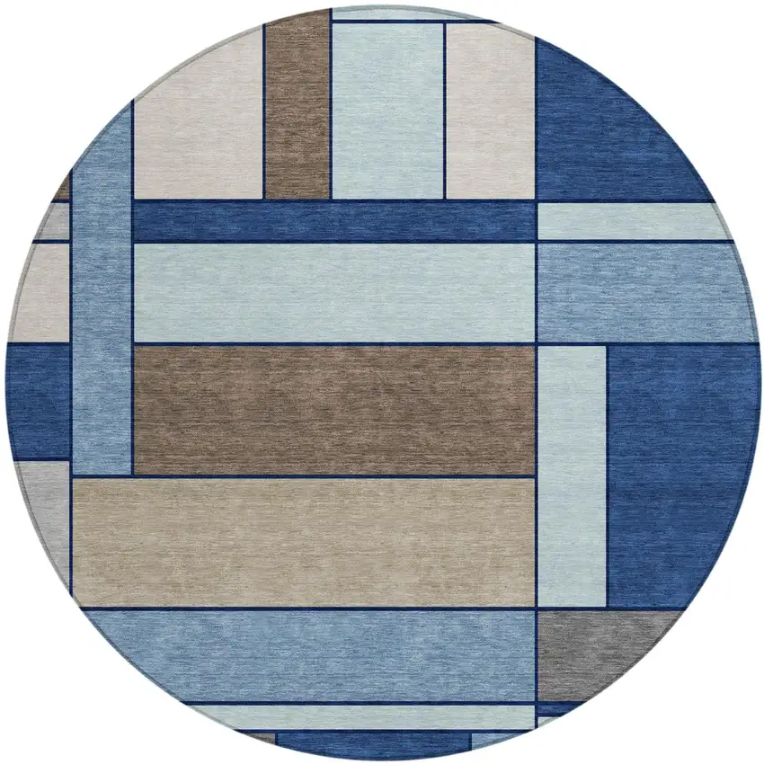 8' Blue And Chocolate Round Geometric Washable Indoor Outdoor Area Rug Photo 2