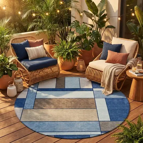 8' Blue And Chocolate Round Geometric Washable Indoor Outdoor Area Rug Photo 1