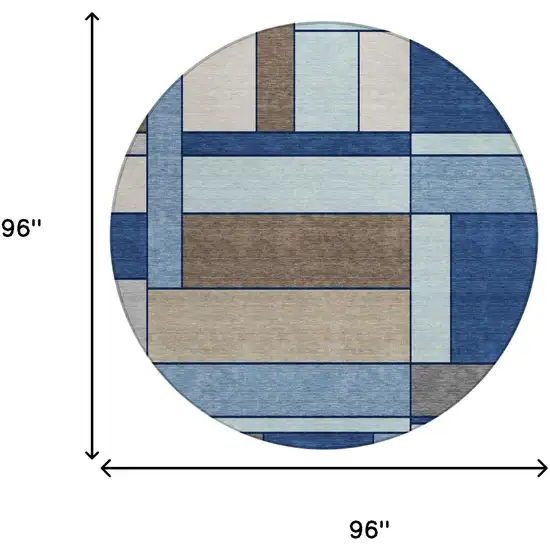 8' Blue And Chocolate Round Geometric Washable Indoor Outdoor Area Rug Photo 5