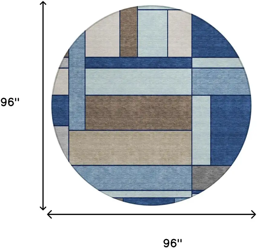 8' Blue And Chocolate Round Geometric Washable Indoor Outdoor Area Rug Photo 5