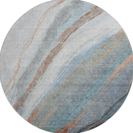 8' Blue And Copper Abstract Washable Round Rug With UV Protection Photo 3