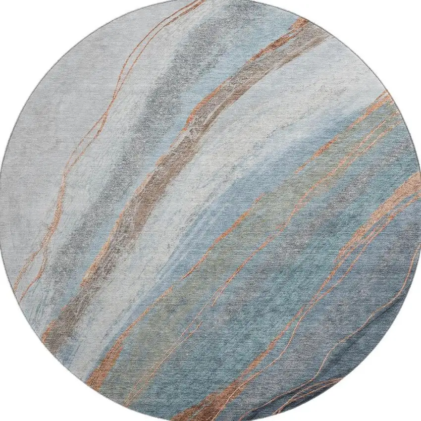 8' Blue And Copper Abstract Washable Round Rug With UV Protection Photo 3
