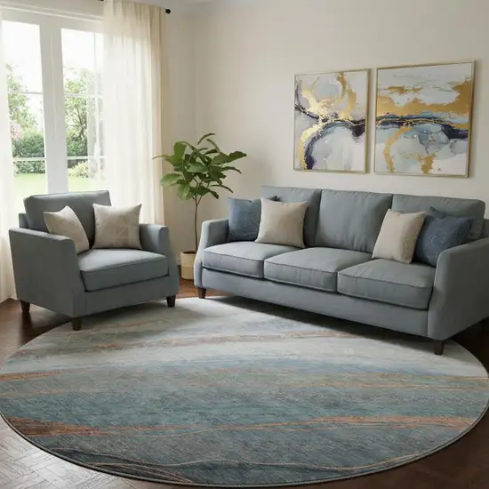 8' Blue And Copper Abstract Washable Round Rug With UV Protection Photo 2