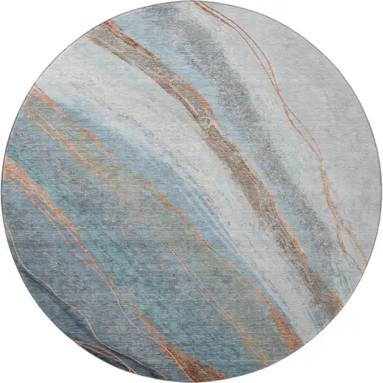 8' Blue And Copper Abstract Washable Round Rug With UV Protection Photo 4