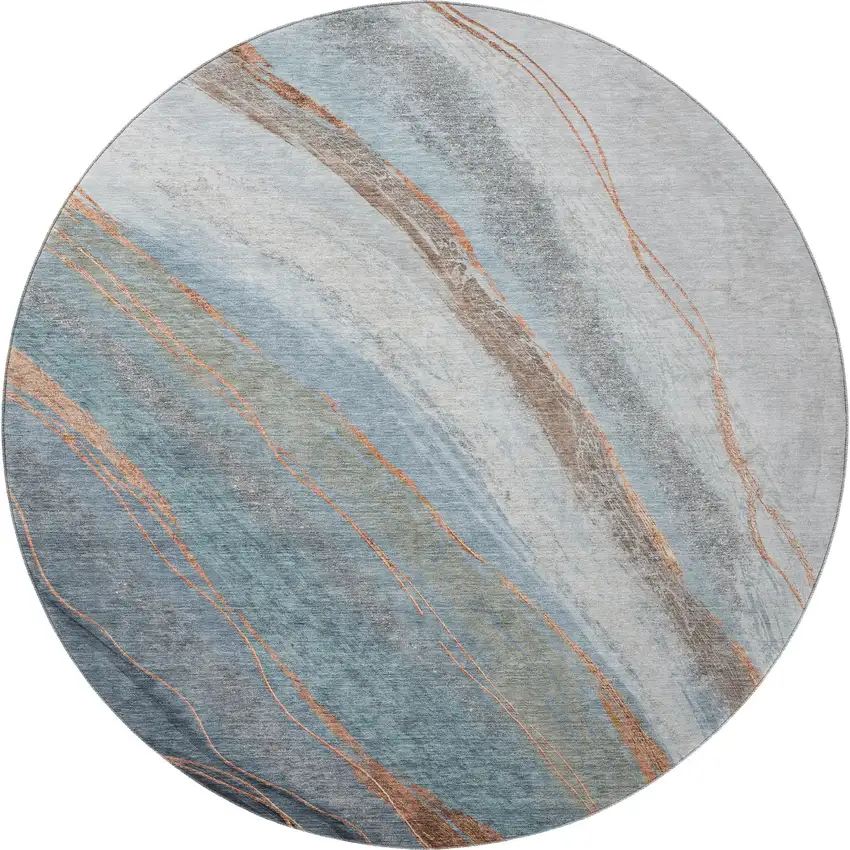8' Blue And Copper Abstract Washable Round Rug With UV Protection Photo 4
