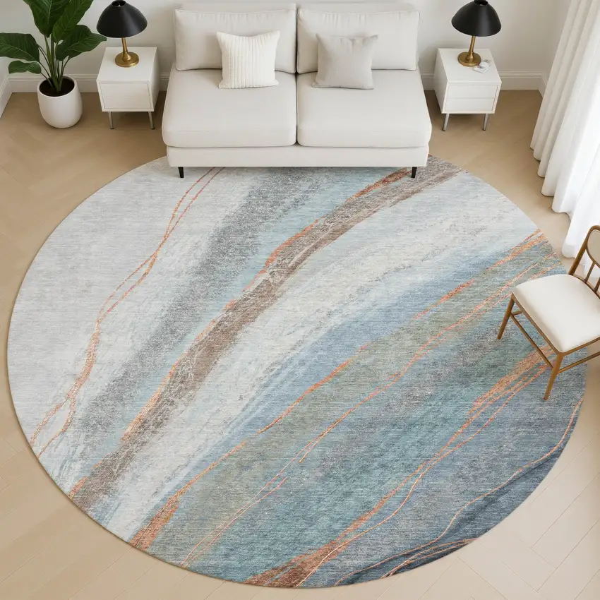 8' Blue And Copper Abstract Washable Round Rug With UV Protection Photo 5
