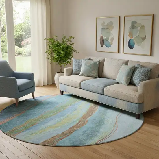 8' Blue And Copper Abstract Washable Round Rug With UV Protection Photo 2