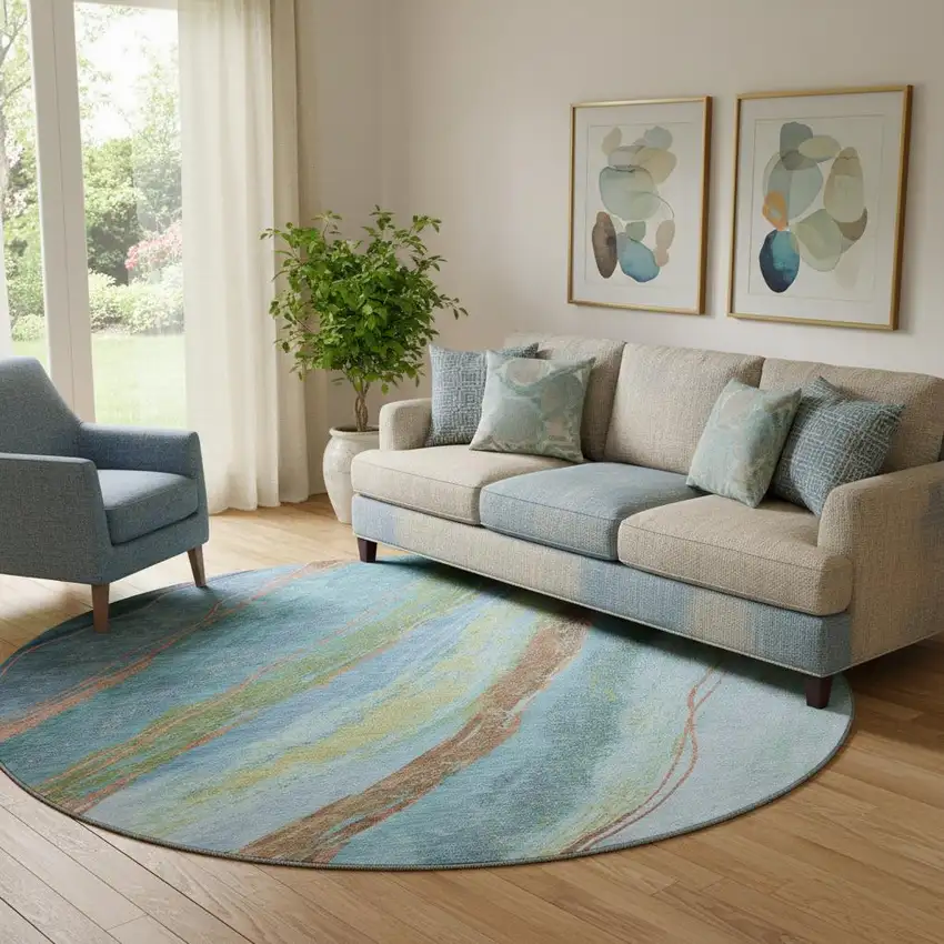 8' Blue And Copper Abstract Washable Round Rug With UV Protection Photo 2