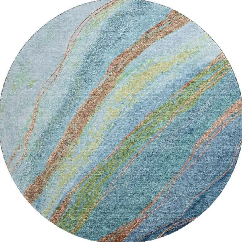 8' Blue And Copper Abstract Washable Round Rug With UV Protection Photo 3