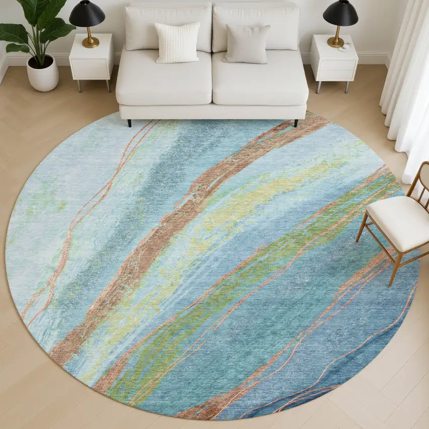8' Blue And Copper Abstract Washable Round Rug With UV Protection Photo 4